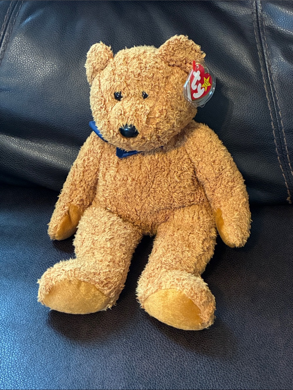 Ty Brown Teddy Bear with Navy Bow Plush